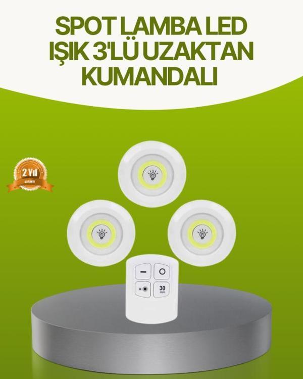 Uzaktan Kumandalı 3 Lü Kablosuz Led Spot Lamba Seti Yapışkanlı Pratik Kullanım - Image 1