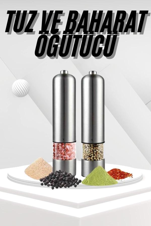 Pilli Tuz Ve Karabiber Öğütücü Baharat Değirmeni Tuzluk Pilli Işıklı Gri - Image 1