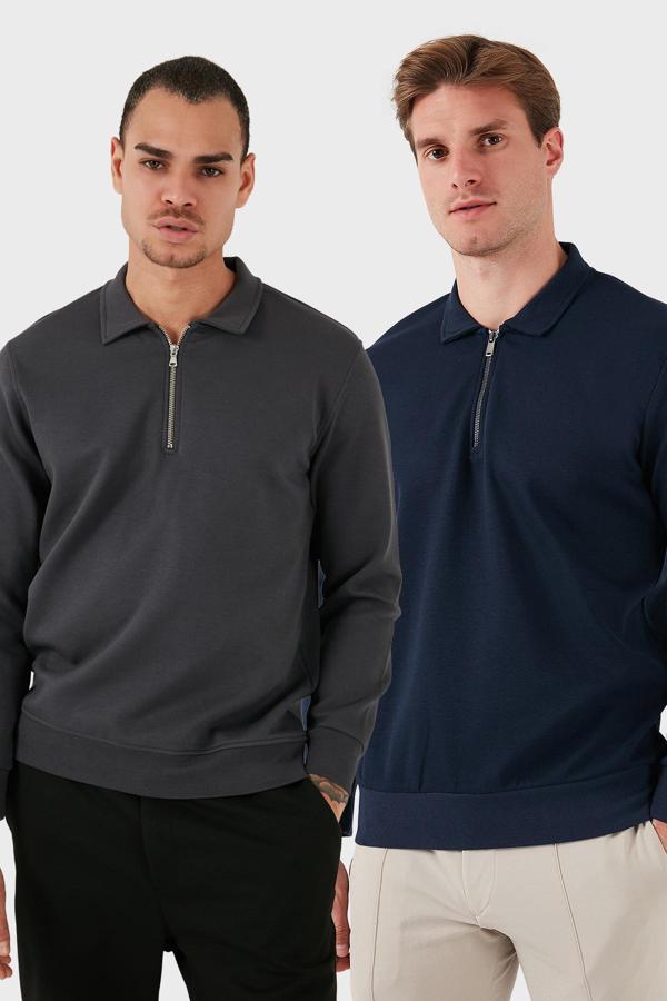 Buratti Pamuklu Regular Fit Yarım Fermuarlı 2'li Paket Polo Yaka Erkek Sweat 5905789S2 ANTRASİT-İNDİGO - Image 1