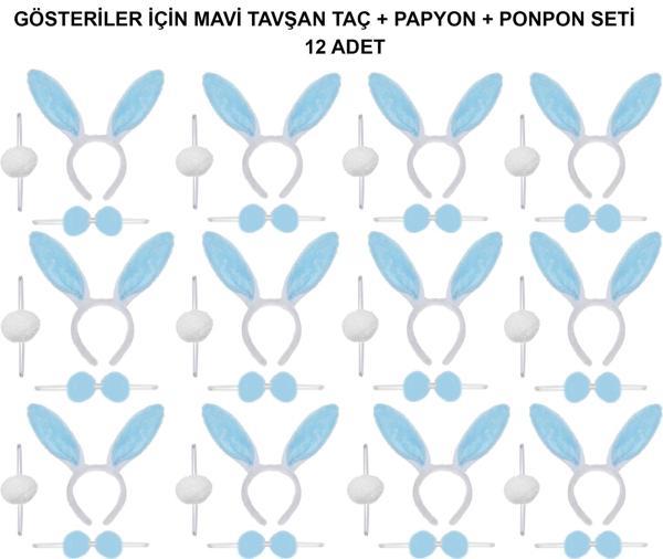 KENPAZAR Mavi Tavşan Kostüm Seti – Taç, Papyon, Ponpon (12’li Paket) - Image 1