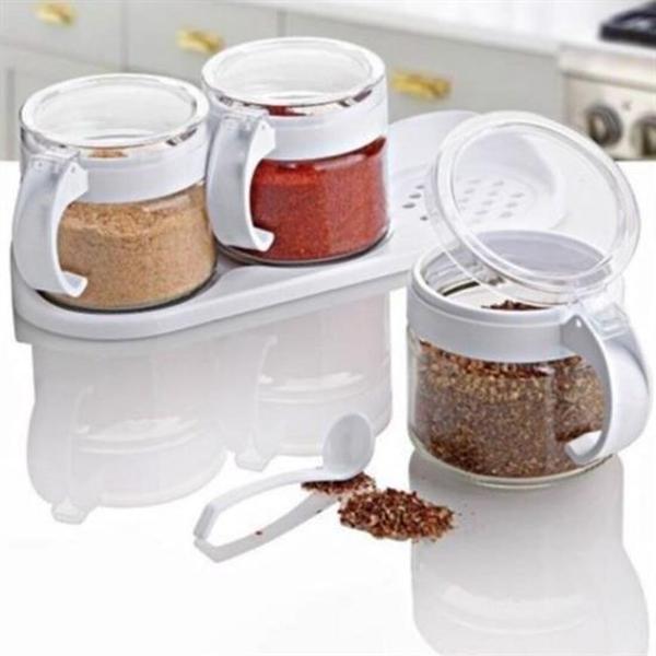 BUFFER®  Beyaz 3lü Standlı Kapaklı Kaşıklı Cam Hava Sızdırmaz Baharatlık Takımı KC-386 - Image 1