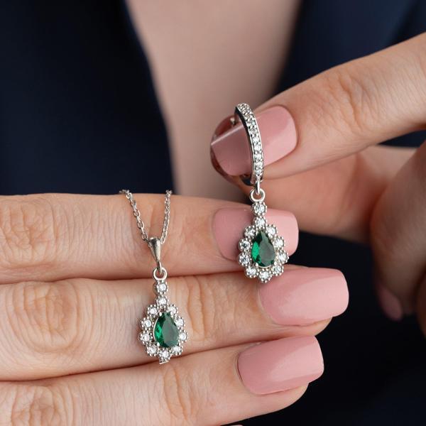 Vaoov 925 Ayar Gümüş Yeşil Damla Taşlı Set - Image 1