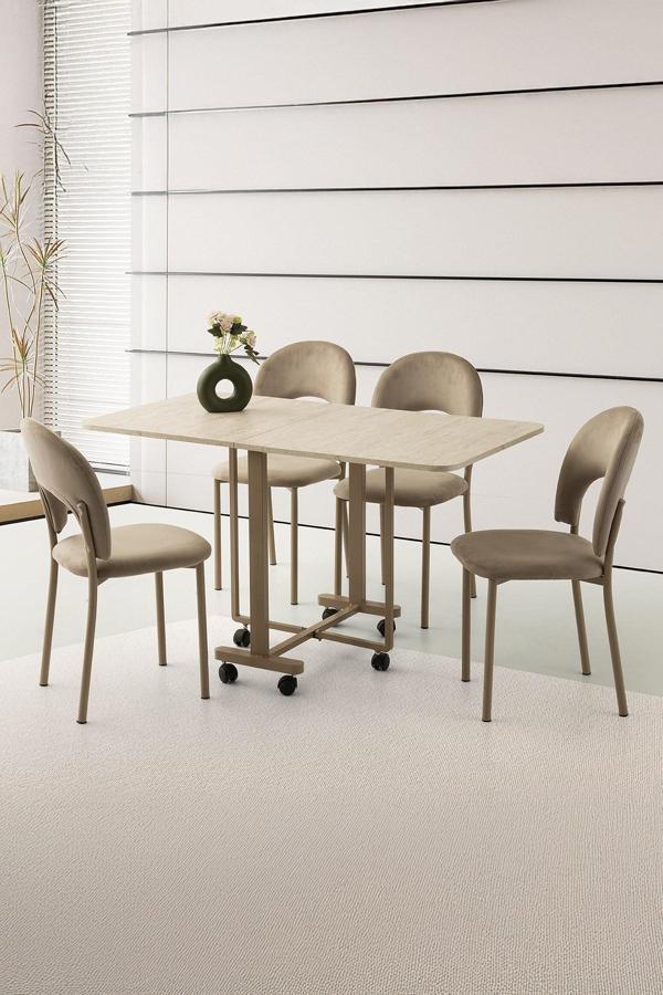 Katlanır Lizbon Metal Portatif Tekerlekli Masa  4 Adet Ay Sandalye Takım - Image 1