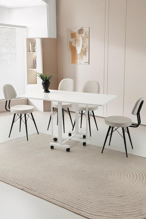 Katlanır Lizbon Metal Portatif Tekerlekli Masa  4 Adet Ece Sandalye Takım - Image 1