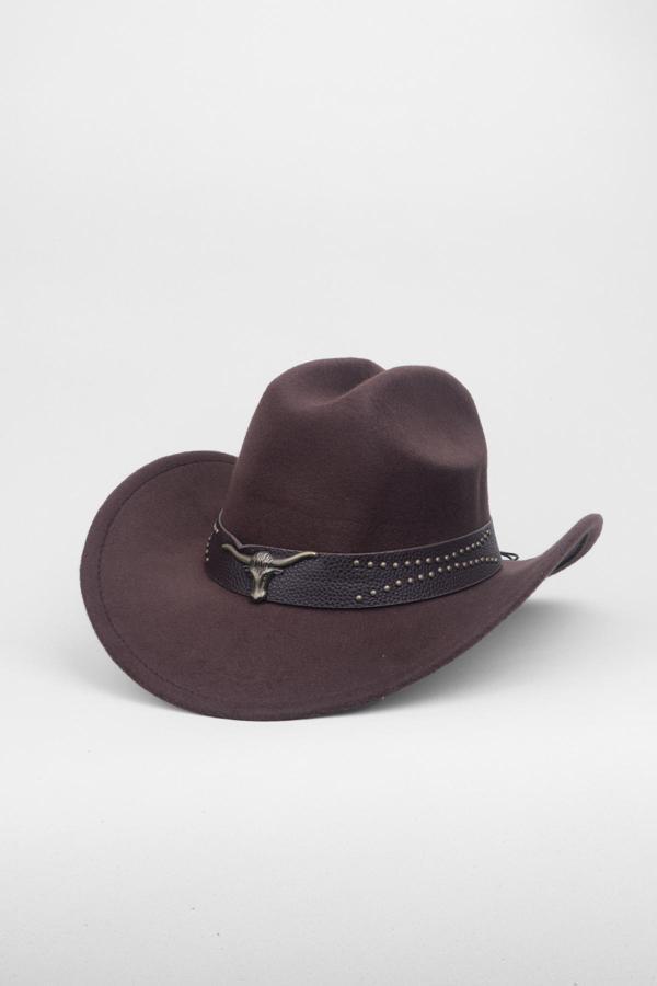 Kovboy Deri Detaylı Boğa Figürlü Fötr Şapka - Kahverengi - Image 1