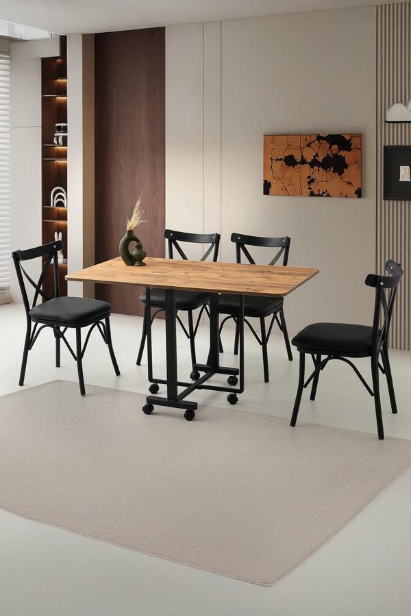 Katlanır Lizbon Metal Portatif Tekerlekli Masa  4 Adet Çapraz Sandalye Takım - Image 1