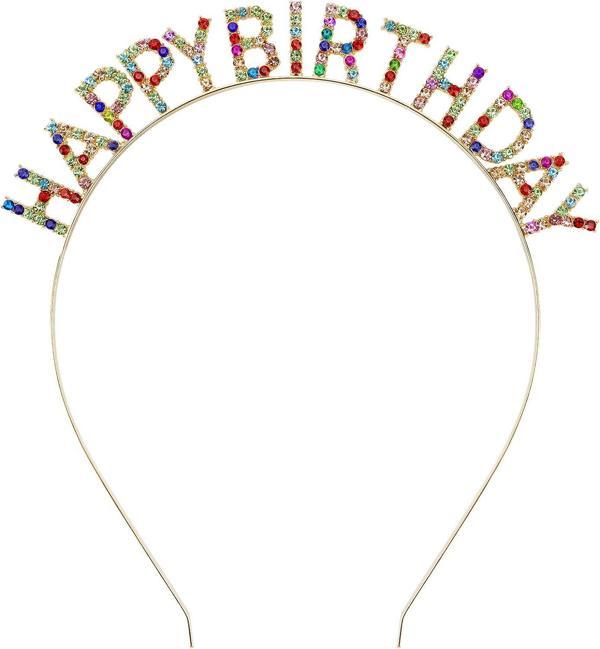 KENPAZAR Rengarenk Kristal Taşlı Ekstra Lüks Gümüş Kaplama Happy Birthday Taç 16x17 cm - Image 1