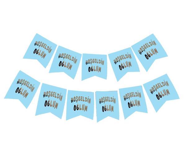 KENPAZAR Hoşgeldin Oğlum Yazılı Mavi Üzeri Gümüş Yeni Doğan Bebek Doğum Süsü Afiş Bayrak Flama 2.2 Metre - Image 1