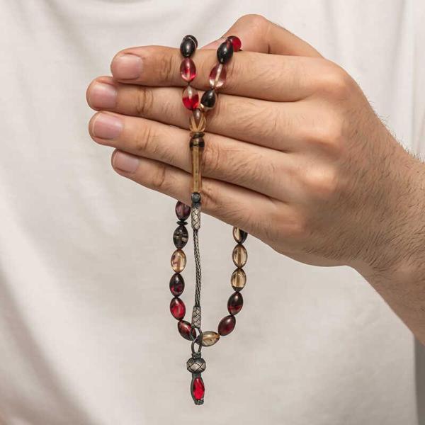 KENPAZAR Gümüş 1000 Ayar Kazaz Püsküllü Sıkma Kehribar Tesbih - Image 1