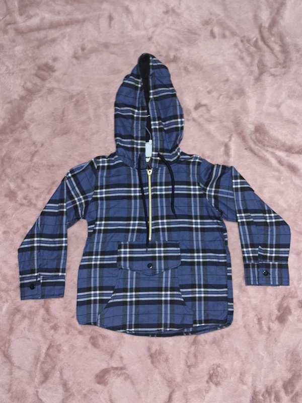 5-10 yaş ekoseli yarım fermuarlı kanguru cep kapşonlu ceket mavi - Image 1