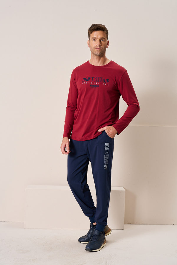 Erkek Penye Süprem Bisiklet Yaka Pijama Takım | Bordo 2197 - Image 1