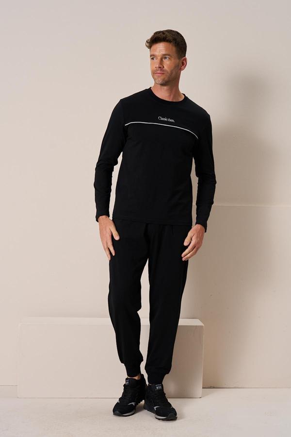 Erkek Penye Süprem Eşli Bisiklet Yaka Pijama Takımı | Siyah 2197 - Image 1