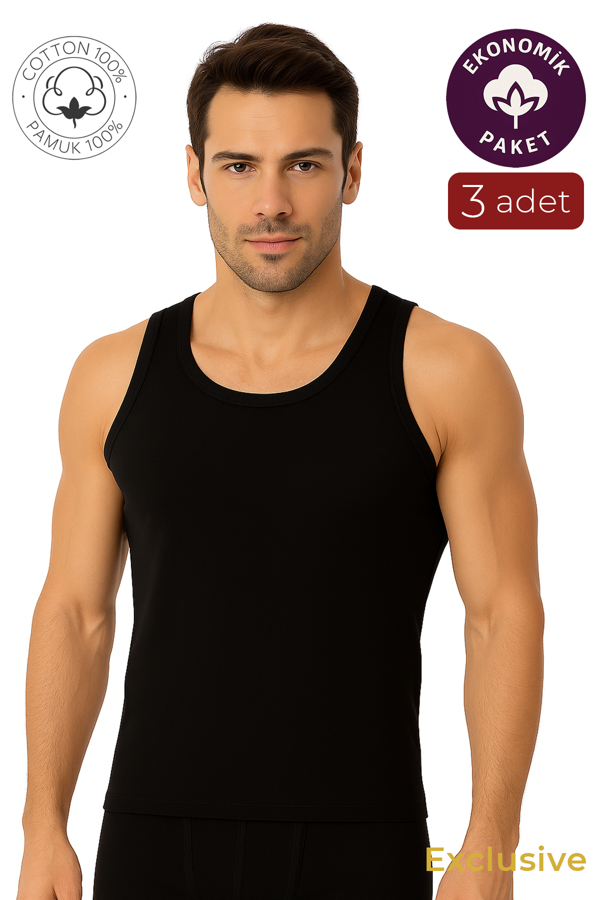 3'lü Paket Pamuklu Ribana Kalın Askılı Erkek Atlet | Siyah K0113 - Image 1