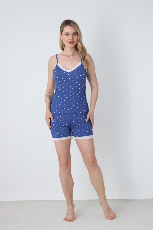 Kadın Yıldız Desenli Dantel Detay İp Askılı Şort Takım | Mavi 50115-1502 - Image 1