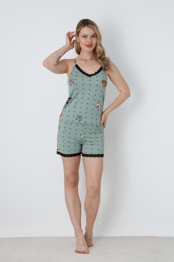 Kadın Puantiyeli Hayvan Figürlü İp Askı Şort Takım | Yeşil 50115-1675 - Image 1