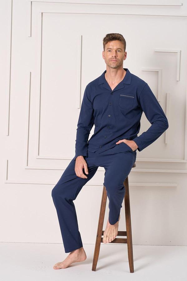 Erkek Penye Süprem Önden Düğmeli Pijama Takımı | Lacivert 2157 - Image 1