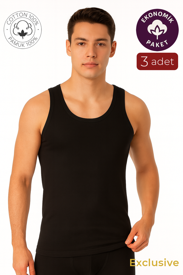 3'lü Paket Pamuklu Süprem Kalın Askılı Klasik Erkek Atlet | Siyah K0050 - Image 1