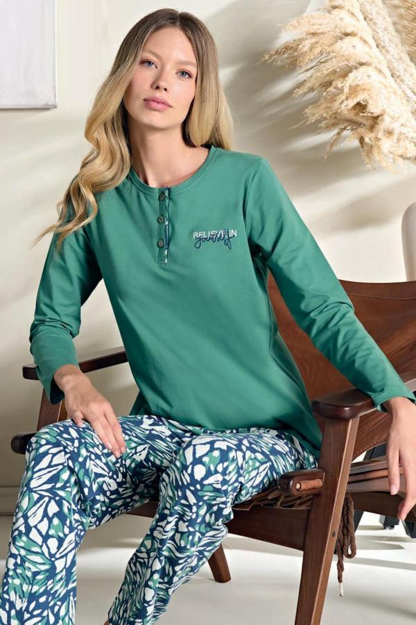 Kadın Likralı Süprem Önü Patlı Pijama Takımı | Yeşil 3121 - Image 1