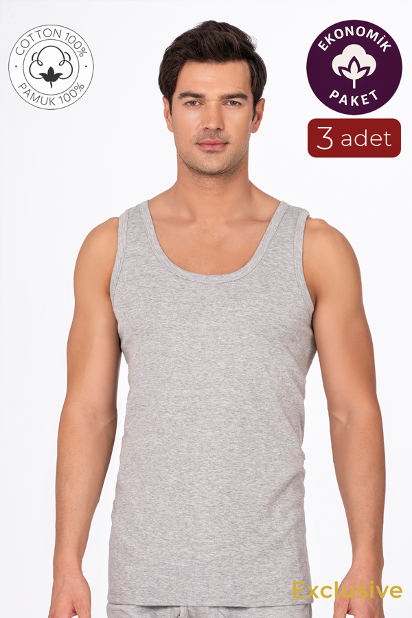 3'lü Paket Pamuklu Süprem Kalın Askılı Klasik Erkek Atlet | Gri K0050 - Image 1