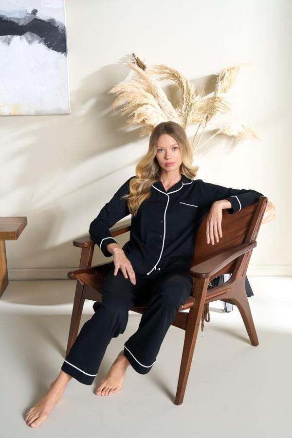 Kadın Penye Süprem Önden Düğmeli Pijama Takımı | Siyah 3101 - Image 1