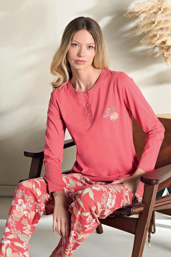 Kadın Likralı Süprem Önü Patlı Pijama Takımı | Kırmızı 3120 - Image 1