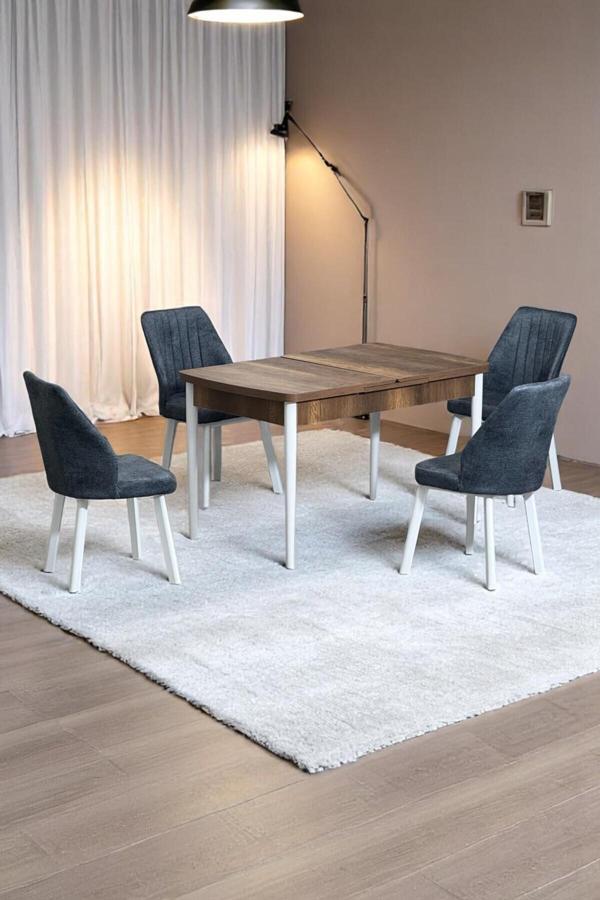 Kaktüs Avm Florn Ceviz 80 X 132 Açılabilen Mdf Masa Metal Ayaklı Mutfak Masası Takımı 4 Kot Füme Sandalye - Image 1