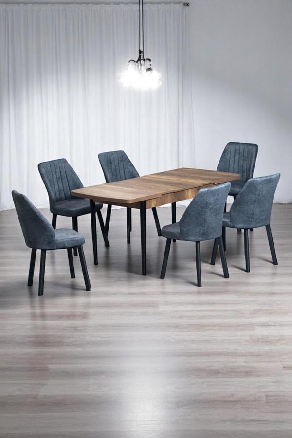 Kaktüs Avm Luna Ceviz 80 X 132 Açılabilen Mdf Masa Siyah Metal Ayaklı Mutfak Masası 6 Kot Desen Füme Sandalye - Image 1