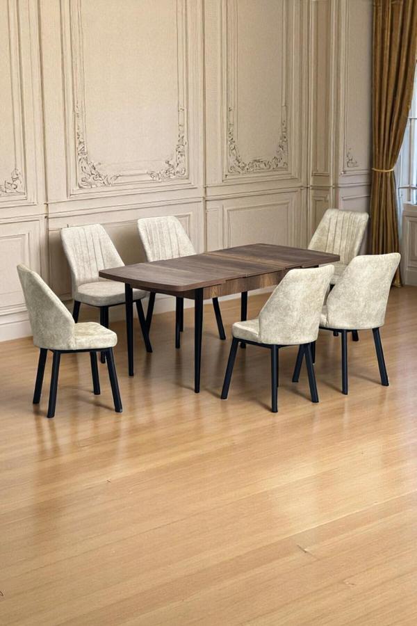 Kaktüs Avm Luna Ceviz 80 X 132 Açılabilen Mdf Masa Siyah Metal Ayaklı Mutfak Masası 6 Krem Sandalye - Image 1