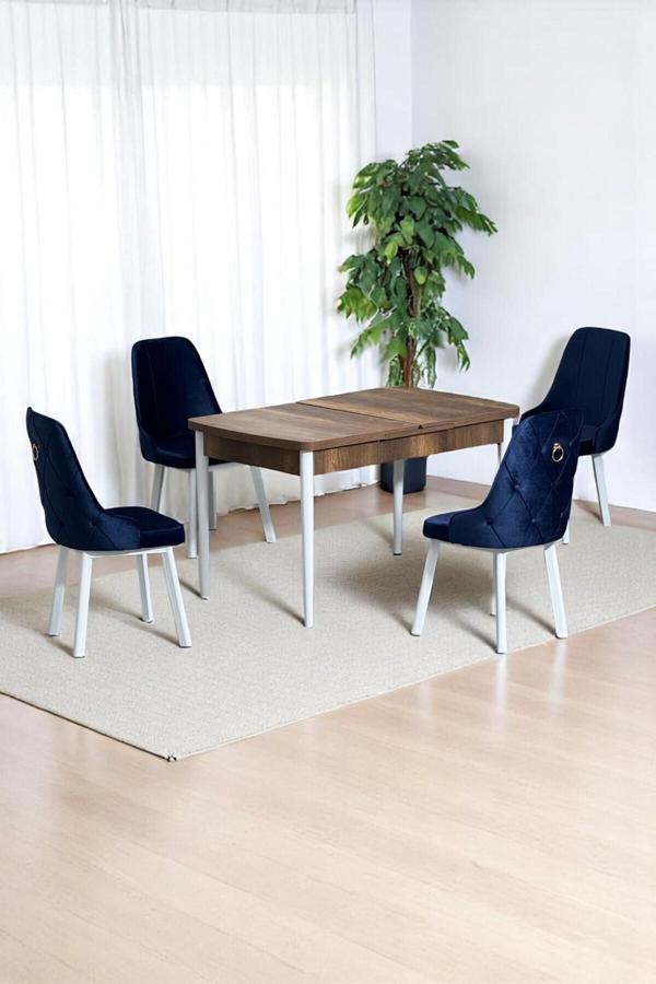 Kaktüs Avm Monera Ceviz 80 X 132 Açılabilen Mdf Masa Metal Ayaklı Mutfak Masası Takımı 4 Lacivert Sandalye - Image 1