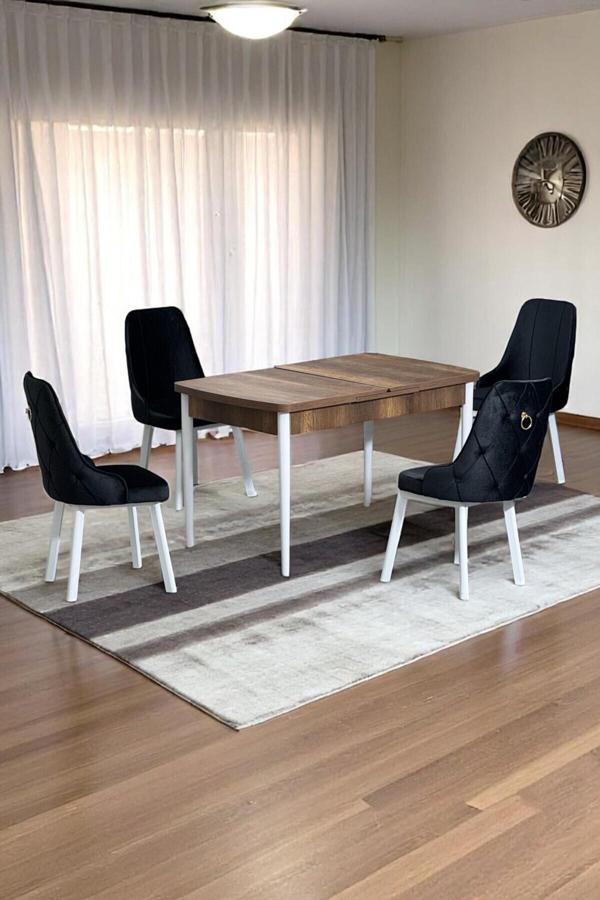 Kaktüs Avm Monera Ceviz 80 X 132 Açılabilen Mdf Masa Metal Ayaklı Mutfak Masası Takımı 4 Siyah Sandalye - Image 1