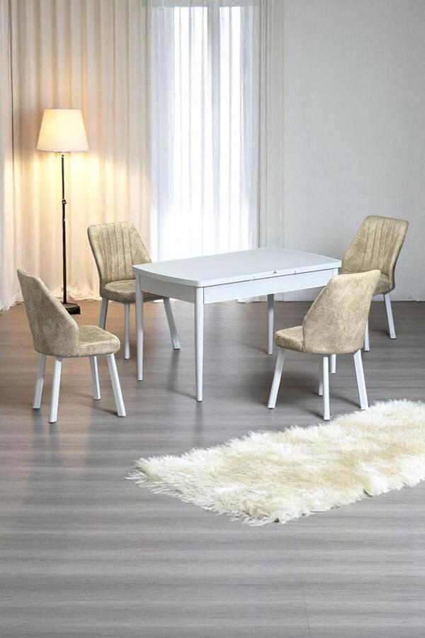Kaktüs Avm Florn Beyaz 80 X 132 Açılabilen Mdf Masa Metal Ayaklı Mutfak Masası Takımı 4 Krem Sandalye - Image 1