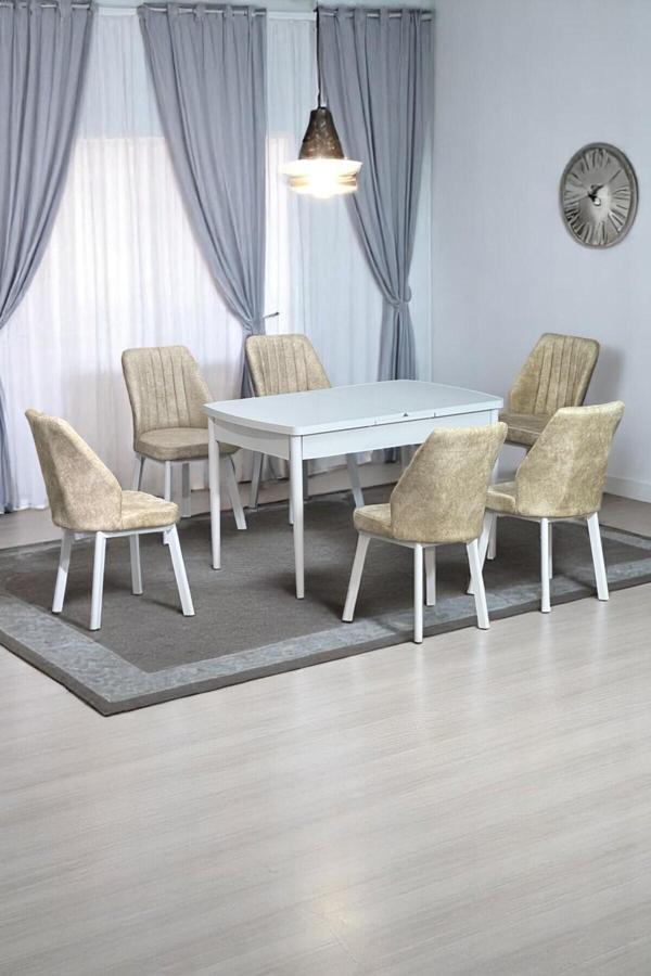 Kaktüs Avm Sera Beyaz 80 X 132 Açılabilen Mdf Masa Beyaz Metal Ayaklı Mutfak Masası 6 Krem Desen Sandalye - Image 1