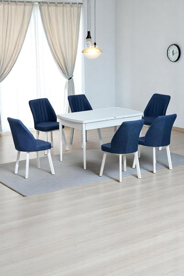 Kaktüs Avm Sera Beyaz 80 X 132 Açılabilen Mdf Masa Beyaz Metal Ayaklı Mutfak Masası 6 Lacivert Sandalye - Image 1