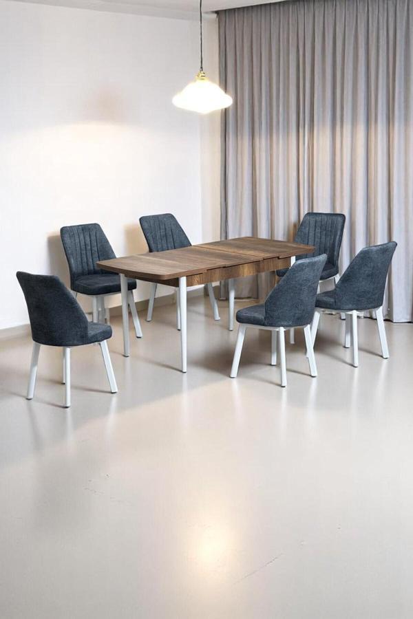 Kaktüs Avm Sera Ceviz 80 X 132 Açılabilen Mdf Masa Beyaz Metal Ayaklı Mutfak Masası 6 Kot Füme Sandalye - Image 1