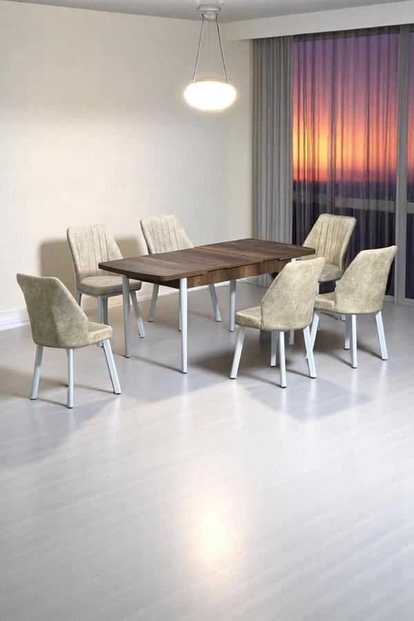 Kaktüs Avm Sera Ceviz 80 X 132 Açılabilen Mdf Masa Beyaz Metal Ayaklı Mutfak Masası 6 Krem Sandalye - Image 1