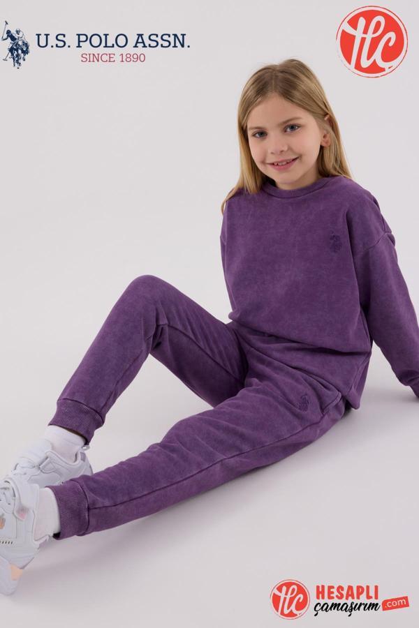U.S Polo Assn. Kız Çocuk Mor Kalın 3 İplik Kumaş Uzun Kollu Lastikli Eşofman Takım - Image 1