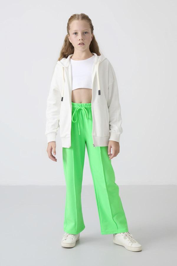 Neon Yeşil Cepli Ön Dikiş Detaylı Geniş Paça Kız Çocuk Eşofman Altı -75144 - Image 1