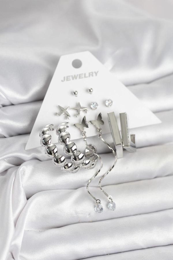 Gümüş Renk Pirinç 6'lı Kadın Küpe Seti - Image 1