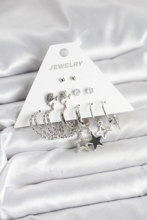 Pirinç Gümüş Renk 6'lı Kadın Küpe Seti - Image 1