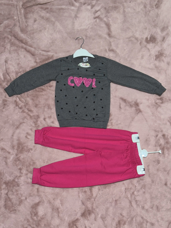 3-7 yaş pontiyeli ikili alt üst takım gri fuşya kız çocuk - Image 1