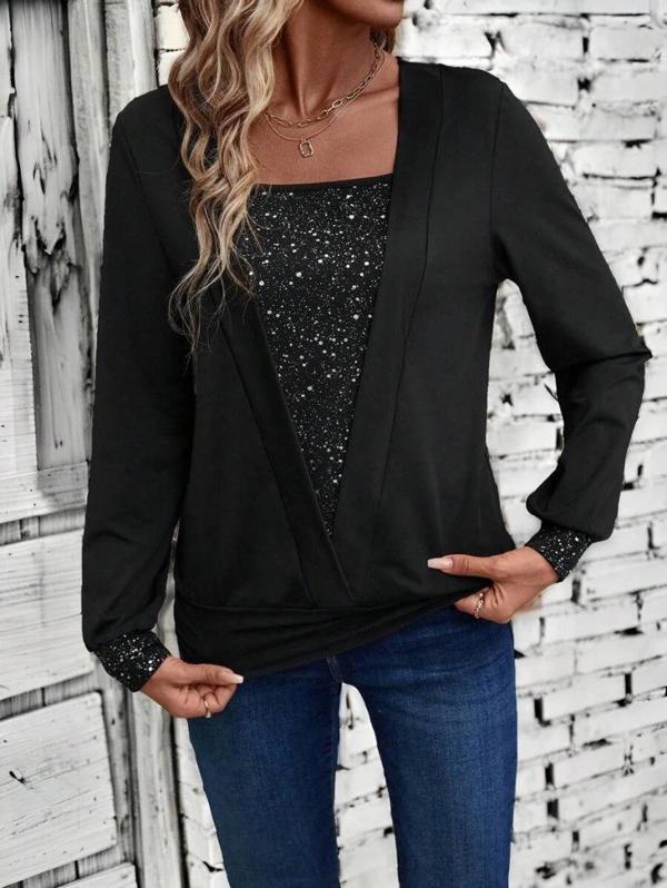 MDB Kadın Uzun Kollu V Yakalı Içi Süprem Desenli Dışı Viskon Bluz - Image 1