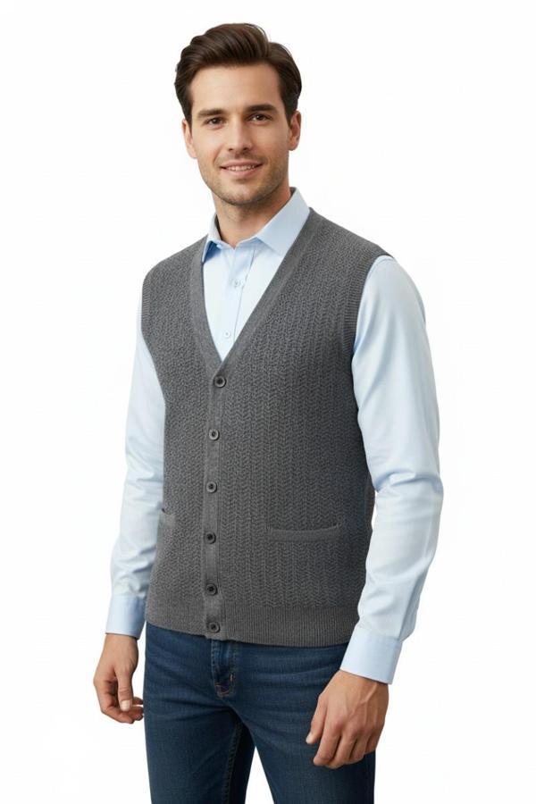 Erkek Düğmeli Yelek Cepli Çelik Örgü Klasik Kalıp 5212L BGL-ST04845 - Image 1