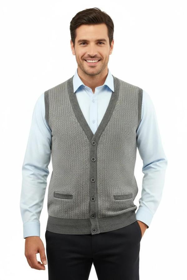 Erkek Düğmeli Yelek Cepli Çelik Örgü Klasik Kalıp 5205L BGL-ST04846 - Image 1