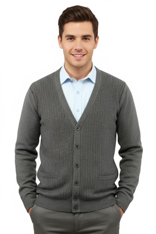 Erkek Düğmeli Hırka Cepli Çelik Örgü Klasik Kalıp 5212M BGL-ST04848 - Image 1