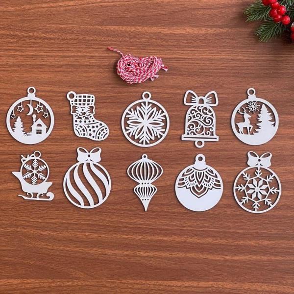 BUFFER® 10 Parça Kırmızı Beyaz İpli Karışık Model Ahşap Yılbaşı Ağaç Süsü - Image 1