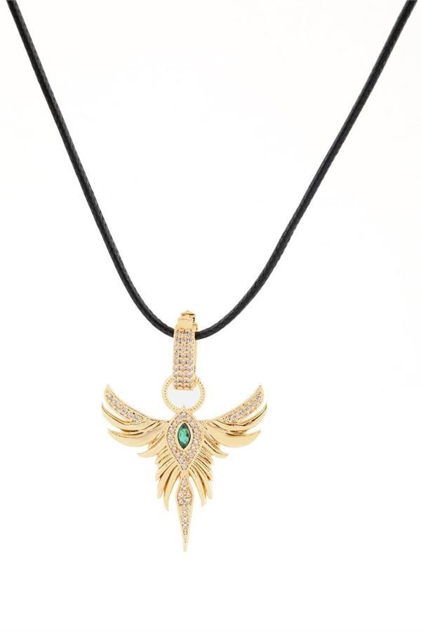 Anka Kuşu Yeşil Taşlı Gold Çelik Kadın Kolye - Image 1