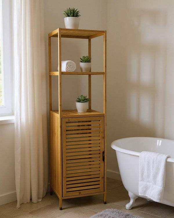 Bambu Banyo Dolabı 5 Raflı Kapaklı Banyo Düzenleme Dolabı Havlu Dolabı - Image 1