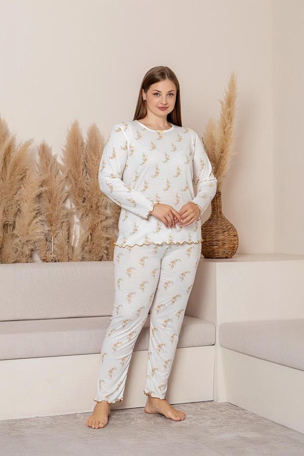 Uzun Kollu Büyük Beden Kadın Pijama Takımı- Çiçek Desenli Pijama - Pinterest Basic Kadın  Pijama  - Image 1