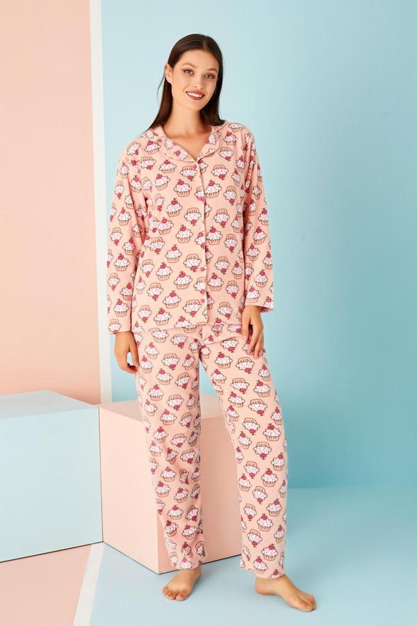 Bayan Kışlık Welsoft Peluş İnci Polar Düğmeli Pijama Takımı 'İpeksi Doku' - Image 1