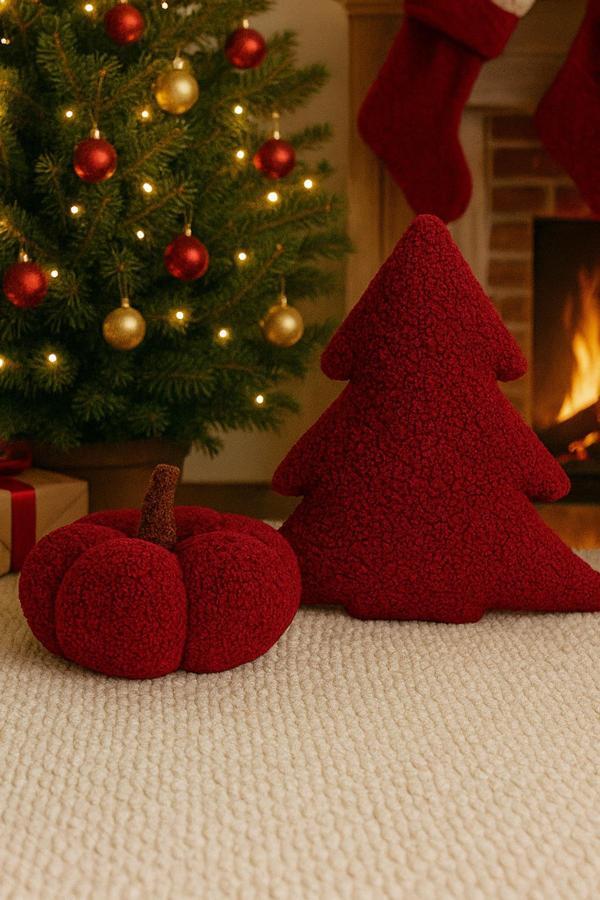 Saymine Teddy Dekoratif Balkabağı Ve Çamağacı Yastık Ve İç Dolgulu Kırlent (Kırmızı Ve Kırmızı) - - Image 1